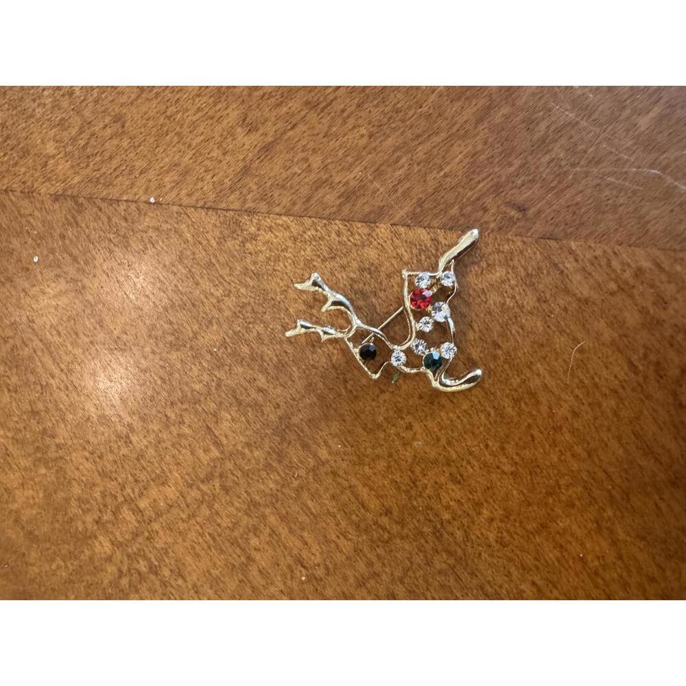 Vintage Style Gold-Tone Reindeer Brooch with Colored Rhinestones j-166